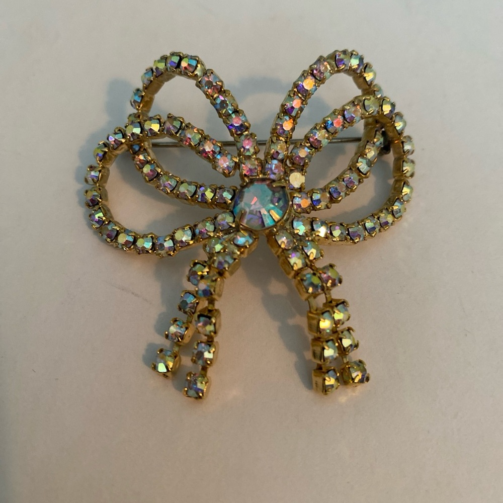 Vintage Infinity Bow Brooch with AB Crystals